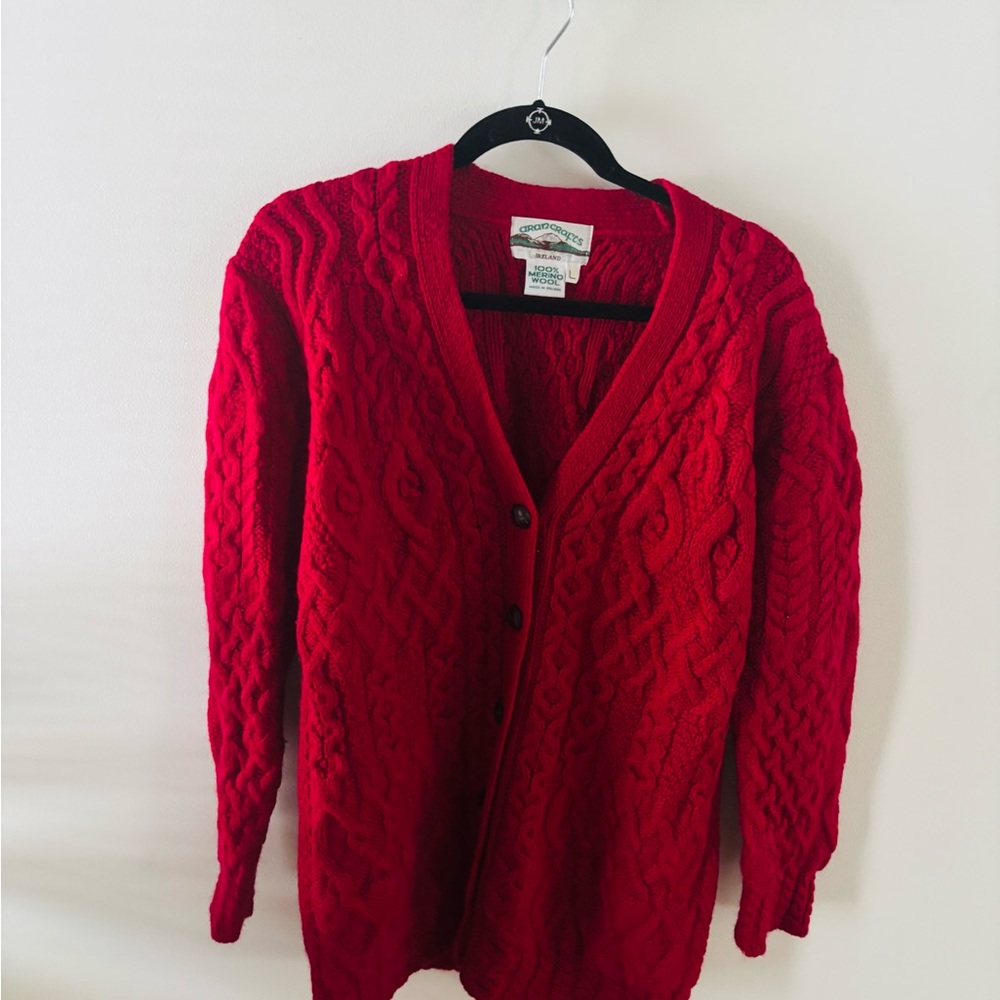 Aran Crafts Vibrant Red 100% Merino Wool Cable Knit Cardigan